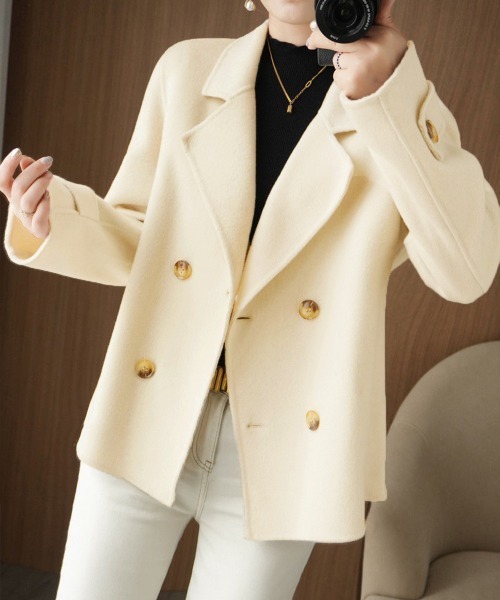 未使用タグ付☆組曲　ピーコート　メルトンショートコート　ウール　ダブル　ホワイト 一部WEB限定】ダブルフェイスメルトンビーバー ショートコート