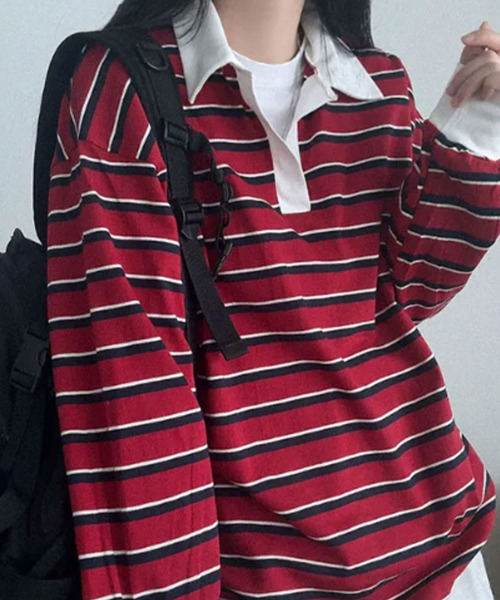 tシャツ 配色襟 ラガーシャツ風 ボーダートップス レディース