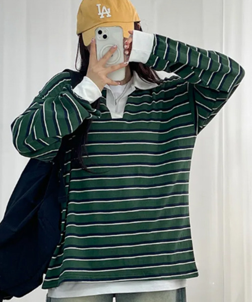 tシャツ 配色襟 ラガーシャツ風 ボーダートップス レディース