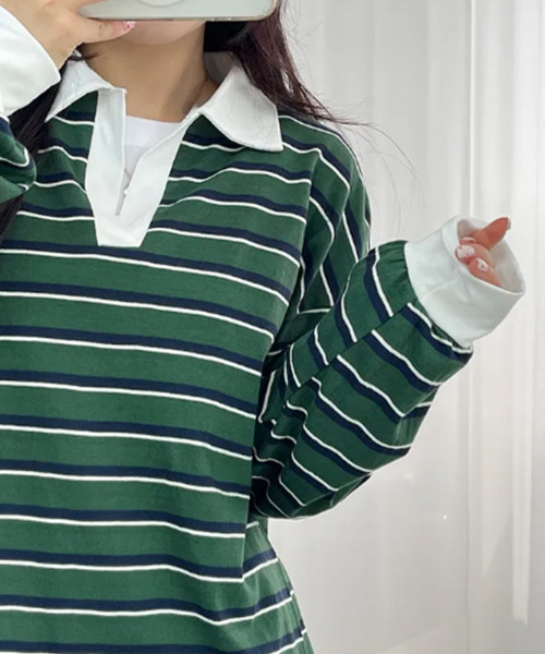 tシャツ 配色襟 ラガーシャツ風 ボーダートップス レディース 