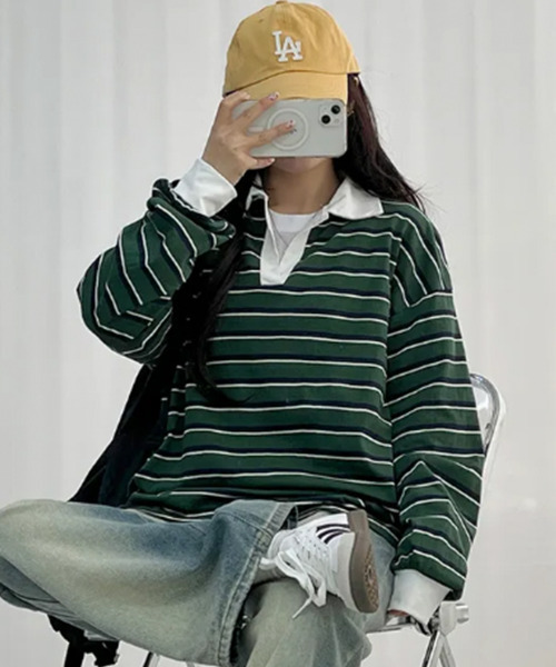 tシャツ 配色襟 ラガーシャツ風 ボーダートップス レディース