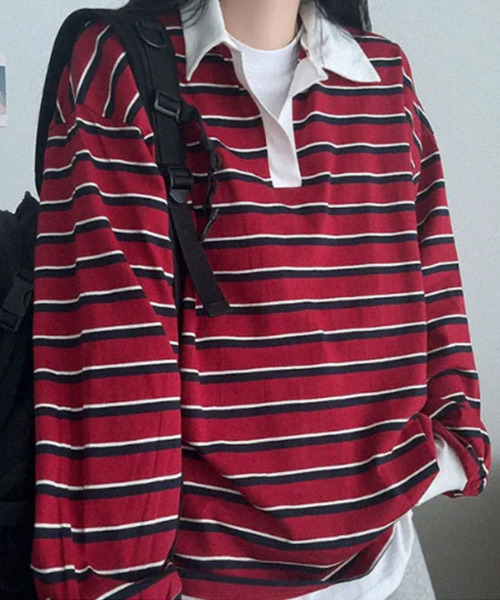 tシャツ 配色襟 ラガーシャツ風 ボーダートップス レディース