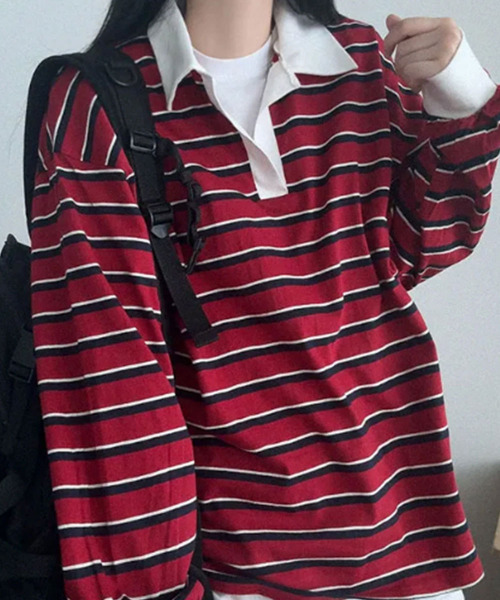 tシャツ 配色襟 ラガーシャツ風 ボーダートップス レディース