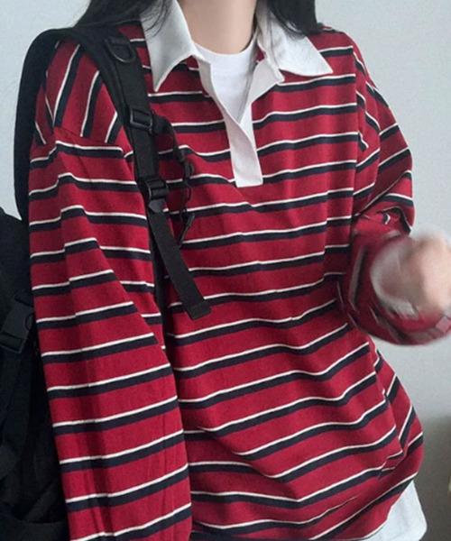 tシャツ 配色襟 ラガーシャツ風 ボーダートップス レディース