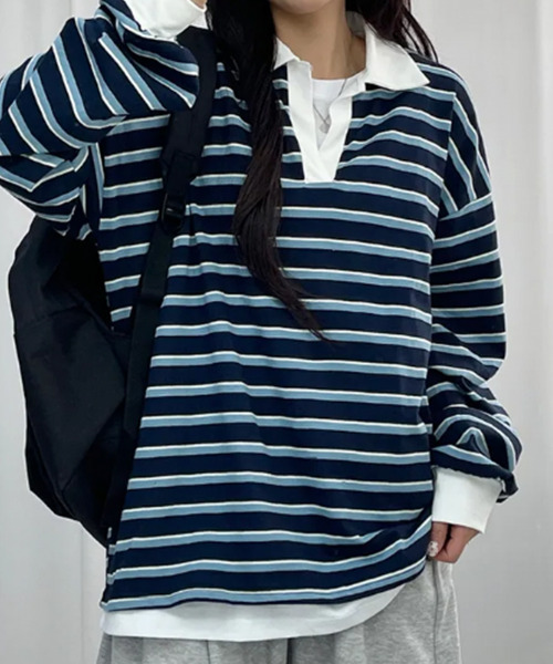 tシャツ 配色襟 ラガーシャツ風 ボーダートップス レディース