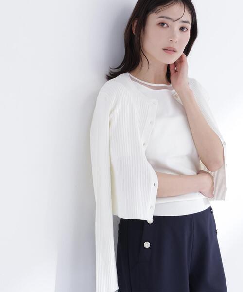 【新品タグ付】レース使い コットンニット アンサンブル オフホワイト レーストリムニットアンサンブル(M OFF WHITE): トップス｜PMbox P&M