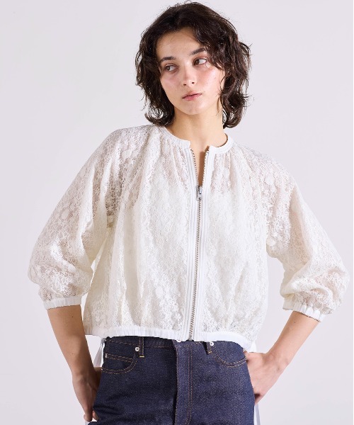 ブルゾン アウター reversible sheer lace blouson レディースの画像