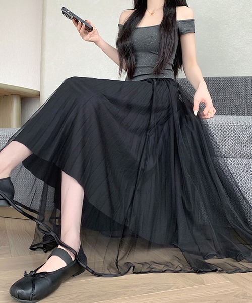 2ly2 ロング スカート チュールプリーツロングスカート フレア