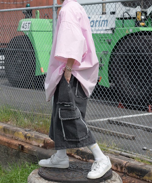 perushu ワイドデニムカーゴパンツ Perushu カーゴパンツ vintage like draw cord wide cargo pants