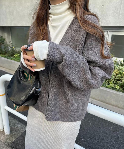 カーディガン 片畦編みニットカーディガン レディース andme カーディガン 片畦編みボリューム袖ニットカーディガン