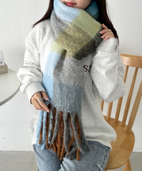 CLEA マフラー ストール マルチチェックボリュームフリンジマフラー