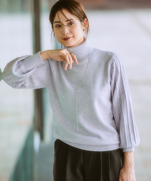 グレー プリーツ 長袖 タートルネック 7days Life Styling タートルネック ニット セーター プリーツ風柄