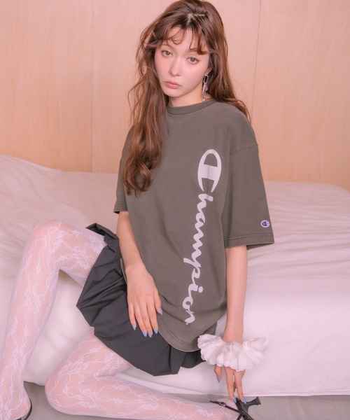 FRAY I.D Champion グレー 半袖Tシャツ FRAY I.D tシャツ 「Champion」ピグメントロゴビッグTシャツ