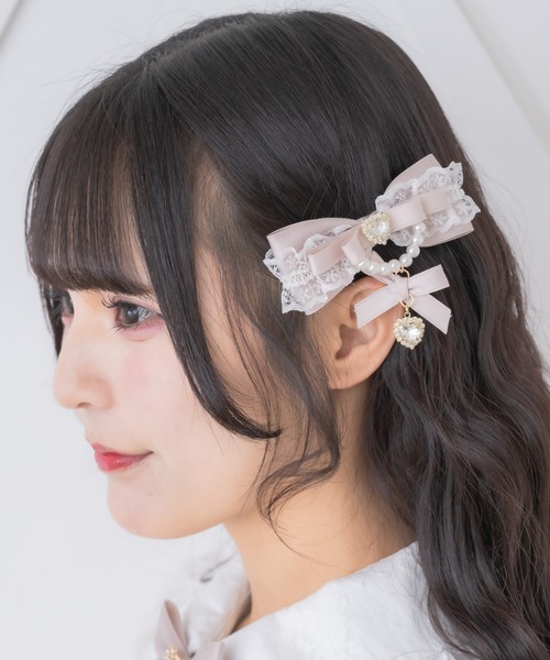ヘアクリップ　レースとデニム　No.628 ハートロックチャーム×チェーンレースクリップ（バレッタ/ヘア