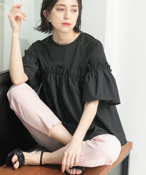 年末のプロモーション大特価！ OPAQUE.CLIP ギャザーフリルドッキングカットソー「洗濯 tシャツ トップス