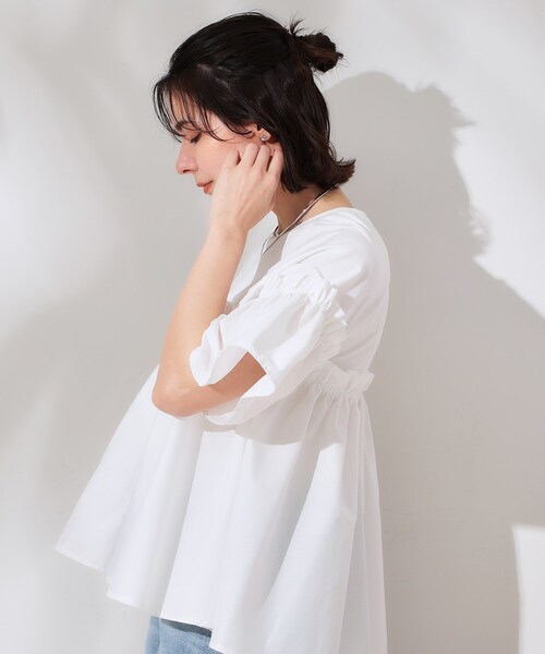 tシャツ ギャザーフリルTシャツ「手洗い可能」 レディース OPAQUE.CLIP tシャツ ギャザーフリルドッキングカットソー「洗濯