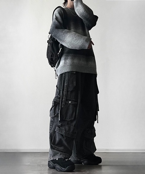 adrerブラック デニム カーゴパンツ ADRER 「ADRER」 加工デニムパンツ X-SMALL ブラック メンズ