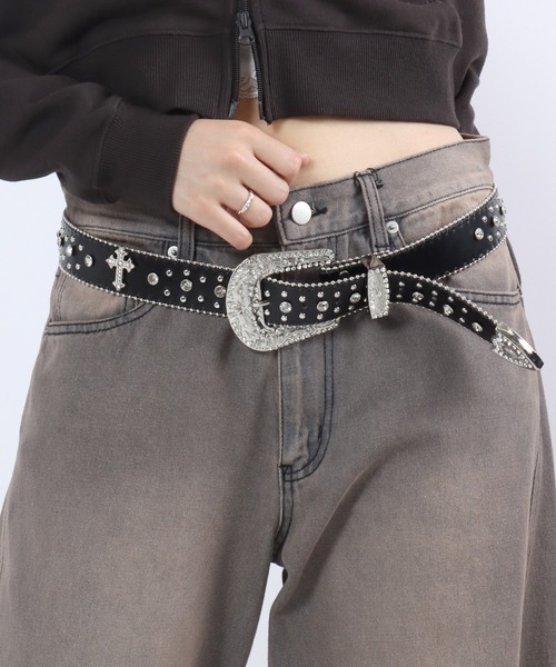 ベルト スタッズ×ラインストーン・レオパードベルト メンズ レディース