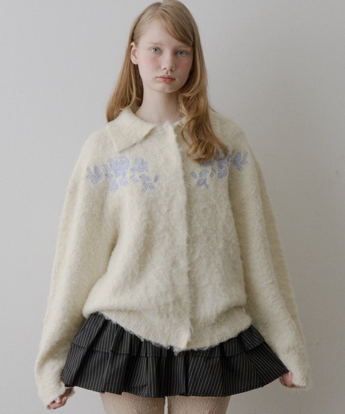 HEIREN カーディガン 「HEIREN」モヘアタッチ刺繍入りカーディガン