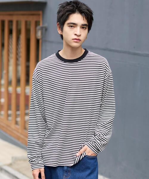 美品 クーティー オーバーサイズ ワイド ボックス ボーダー リブロンT シャツ WEGO（ウィゴー） tシャツ WEGO/ワイドスリーブボーダーロンT メンズ