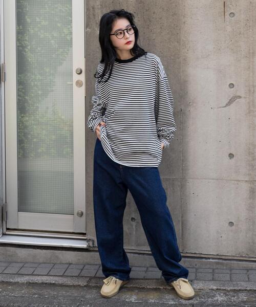 ボーダーボリュームネックロンT ドレープ　グランジ　ワイドネック WEGO（ウィゴー） tシャツ WEGO/ワイドスリーブボーダーロンT メンズ