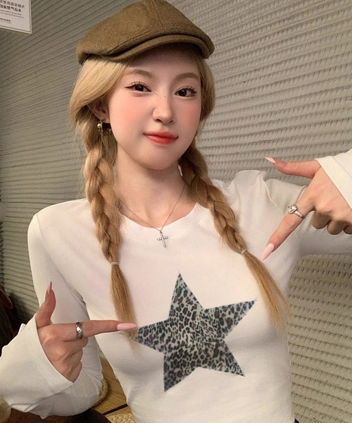 VIBGYOR tシャツ レオパードスターモチーフロンT/長袖 韓国 ギャル(CZ