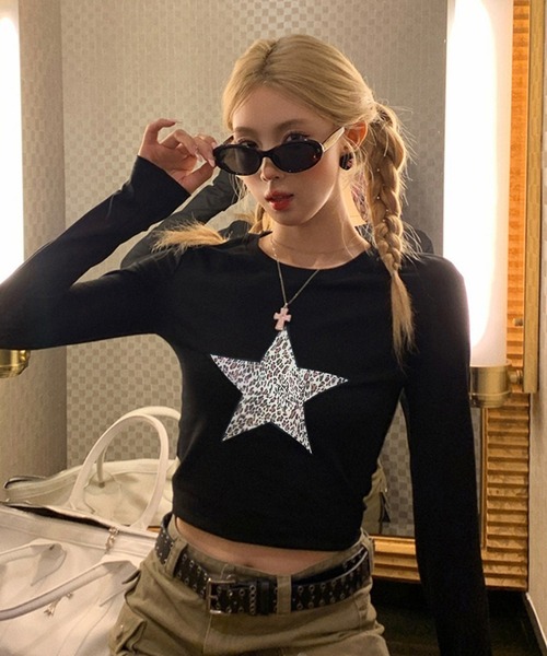 VIBGYOR tシャツ レオパードスターモチーフロンT/長袖 韓国 ギャル(CZ