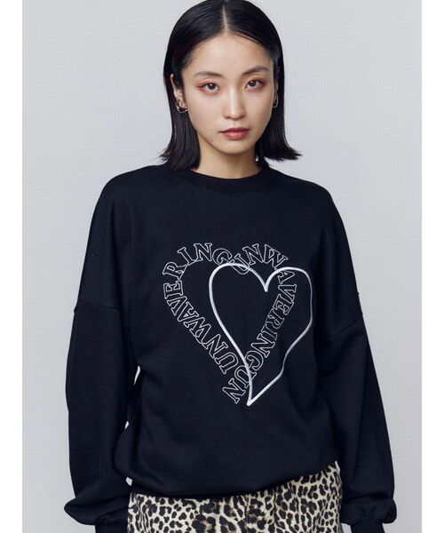 黒 スウェット トレーナー ロゴ付き EMODA（エモダ） トレーナー スウェット ハートロゴオーバースウェット