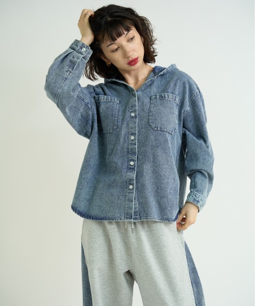 A.D.C.L. ブラウス シャツ フーデッド デニム ビッグシャツ レディース