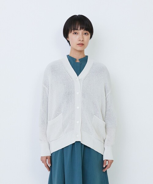 ルネ ホワイト半袖カーディガン Sサイズ 手洗い可能》綿アセリブ半袖Vネックカーディガン | NOLLEY'S