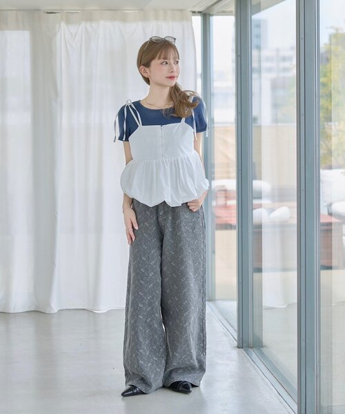 ワイドパンツ ジーンズ デニム デニムパンツ 「夏デニム/下半身痩せ/2サイズ展開」ワイドフラワーエンブロイダリーデニム レディースの画像