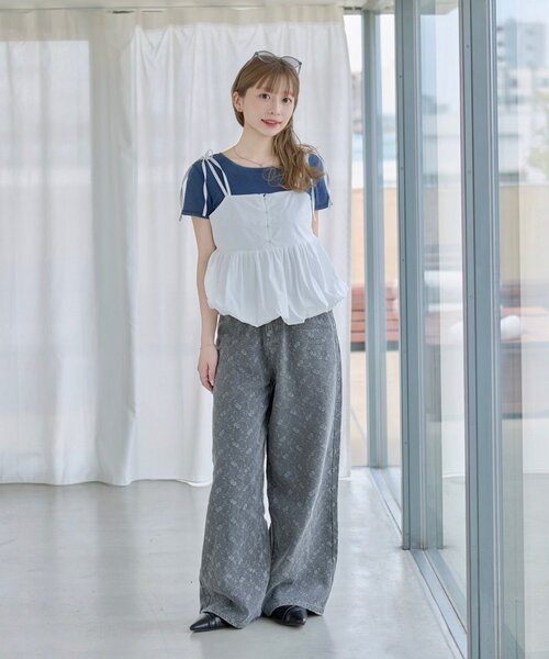 ワイドパンツ ジーンズ デニム デニムパンツ 「夏デニム/下半身痩せ/2サイズ展開」ワイドフラワーエンブロイダリーデニム レディースの画像
