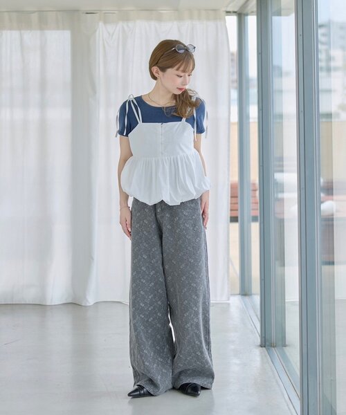 ワイドパンツ ジーンズ デニム デニムパンツ 「夏デニム/下半身痩せ/2サイズ展開」ワイドフラワーエンブロイダリーデニム レディースの画像