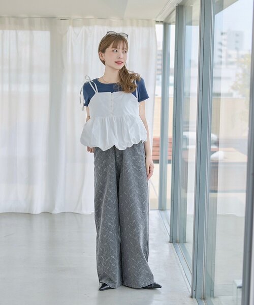 ワイドパンツ ジーンズ デニム デニムパンツ 「夏デニム/下半身痩せ/2サイズ展開」ワイドフラワーエンブロイダリーデニム レディースの画像