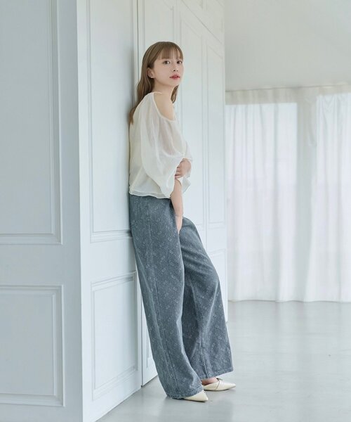 ワイドパンツ ジーンズ デニム デニムパンツ 「夏デニム/下半身痩せ/2サイズ展開」ワイドフラワーエンブロイダリーデニム レディースの画像
