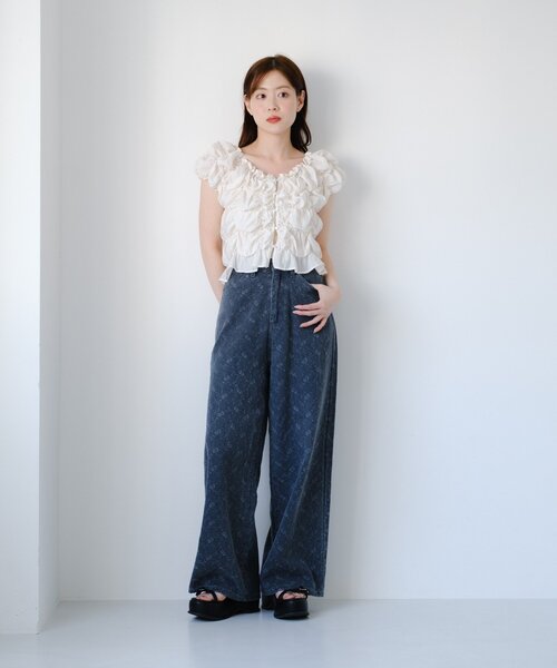 ワイドパンツ ジーンズ デニム デニムパンツ 「夏デニム/下半身痩せ/2サイズ展開」ワイドフラワーエンブロイダリーデニム レディースの画像