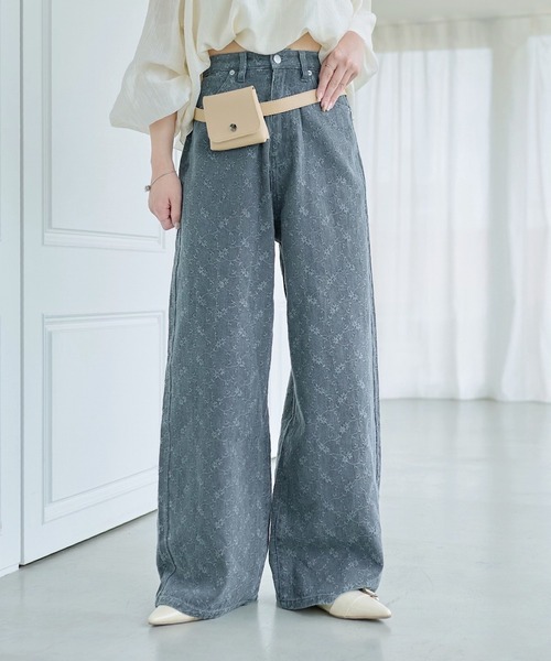 ワイドパンツ ジーンズ デニム デニムパンツ 「夏デニム/下半身痩せ/2サイズ展開」ワイドフラワーエンブロイダリーデニム レディースの画像