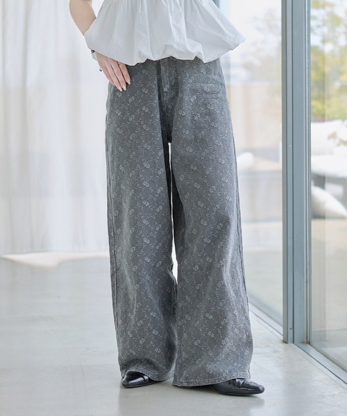 ワイドパンツ ジーンズ デニム デニムパンツ 「夏デニム/下半身痩せ/2サイズ展開」ワイドフラワーエンブロイダリーデニム レディースの画像