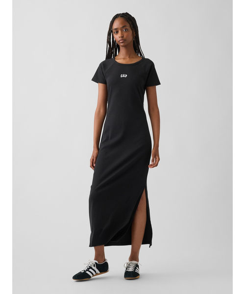 GAP ブラック 半袖 ロングワンピース GAP（ギャップ） ワンピース 半袖 モダンリブ GAPロゴ マキシ