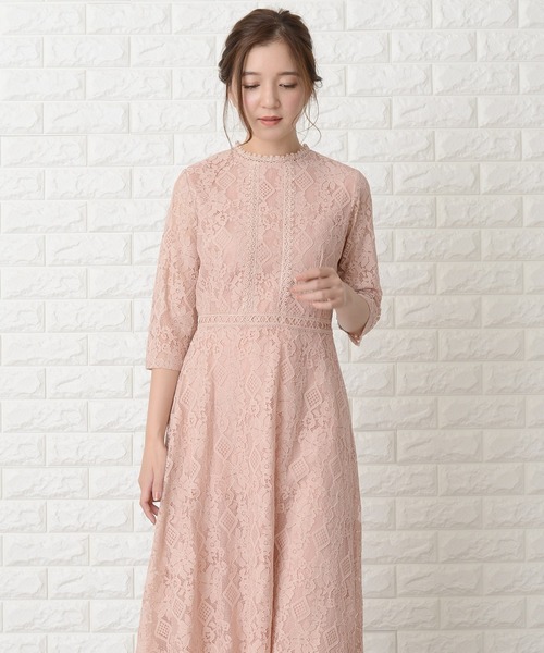週末限定値下げレース襟付き ミモレ丈ワンピース ドレス Lace Ladies（レースレディース） ドレス 七分袖総レースミモレ丈