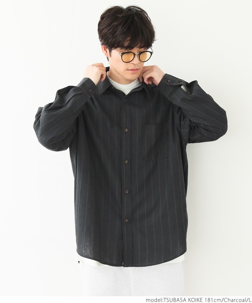 ストライプビックシルエット　シルクブラウス Happyストライプ！ワンポイント刺繍BIGシルエットシャツ（シャツ