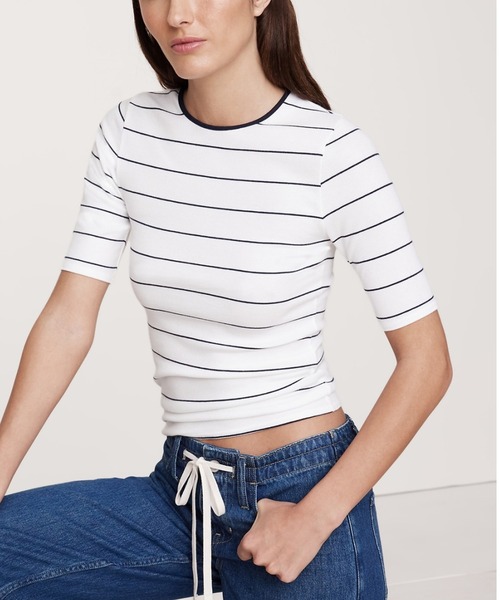 tシャツ リブニット コットンブレンド エルボースリーブ Tシャツ レディース リブニット コットンブレンド エルボースリーブ Tシャツ
