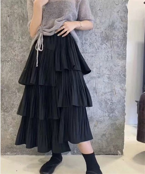 プリーツ アシンメトリー ティアード フリル ロングスカート プリーツ アシンメトリー ティアード フリル ロングスカート