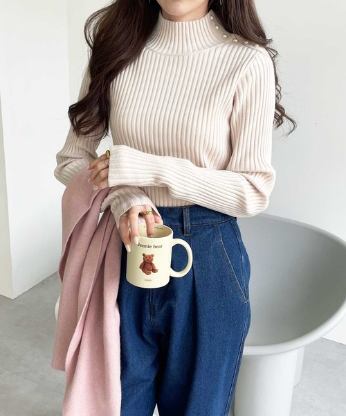 GeeRA ニット セーター 「新色追加」パール調ボタンハイネック