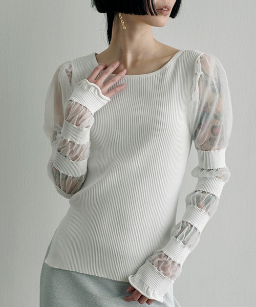 ニット セーター Sheer ＆ Rib Mix Top レディース
