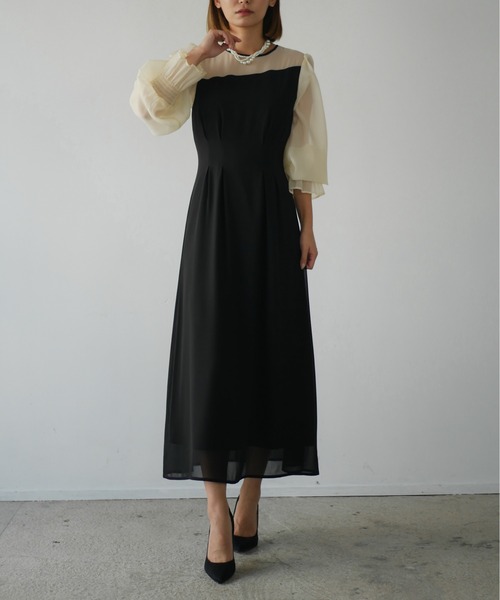 myshawty オケージョンドレス shiny frill dress/BLK.GRE エレガントな陰影を堪能できる