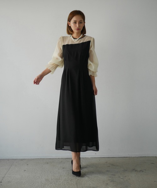 myshawty オケージョンドレス shiny frill dress/BLK.GRE エレガントな陰影を堪能できる