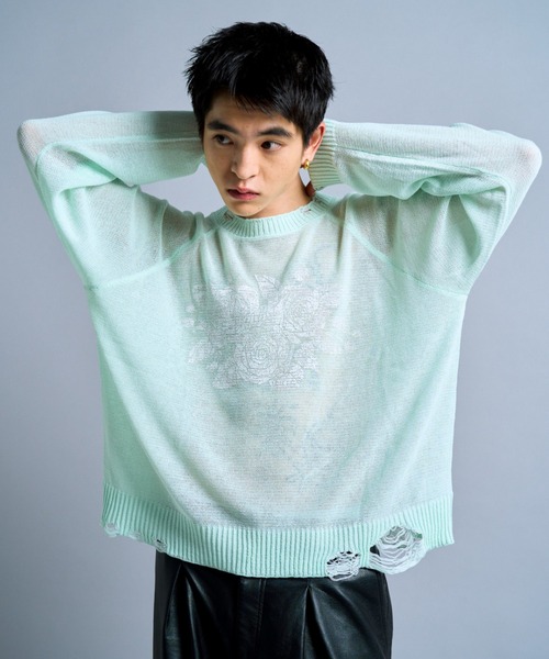 Camphor wood /フラワープリントシアーロングスリーブニット Camphor wood セーター ニット flower paint broken long sleeve