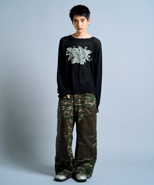 Camphor wood /フラワープリントシアーロングスリーブニット Camphor wood セーター ニット flower paint broken long sleeve