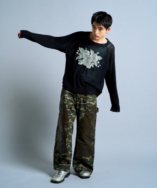 flower paint broken long sleeve sheer sweater / フラワー